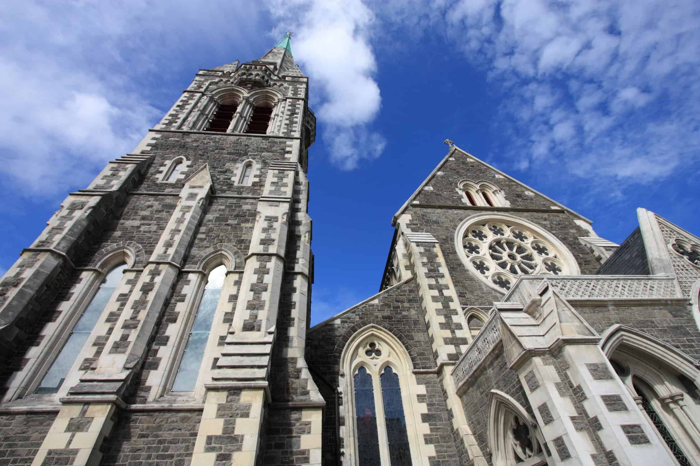 The gothic stone facade of Christ Church Cathedral in Cathedral Square