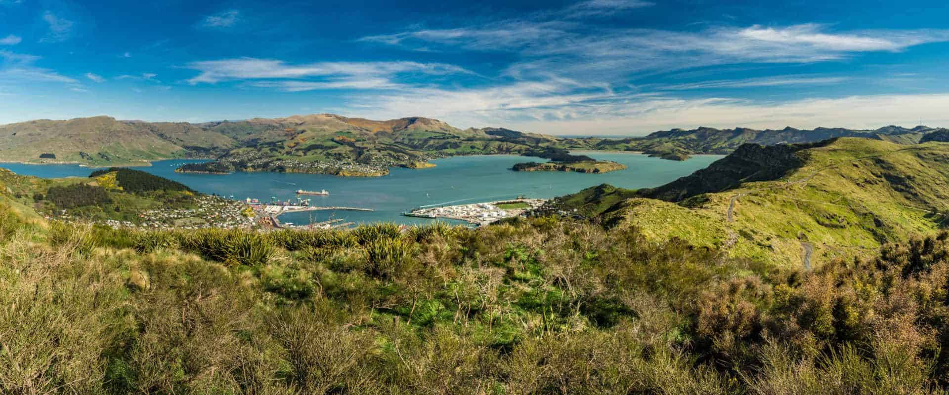 Lyttelton Harbour and the Port Hills above Christchurch on a clear day